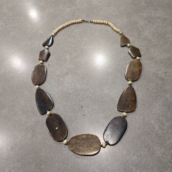 Vintage Women's Bone & Wood Flat Oval Beaded Necklace - Brown/Ivory/Tan - Picture 2 of 5